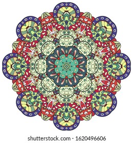 Mandala, tracery wheel mehndi design. Ethnic ornament, colorful doodle symmetry texture. Folk traditional spiritual tribal design. Curved shape, isolated on white. Color art. Vector