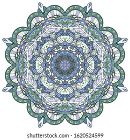 Mandala, tracery wheel mehndi design. Ethnic ornament, colorful doodle symmetry texture. Folk traditional spiritual tribal design. Curved shape, isolated on white. Color art. Vector