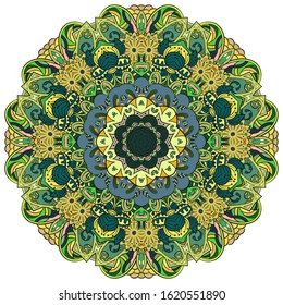 Mandala, tracery wheel mehndi design. Ethnic ornament, colorful doodle symmetry texture. Folk traditional spiritual tribal design. Curved shape, isolated on white. Color art. Vector