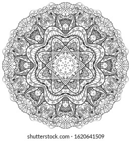 Mandala, tracery wheel mehndi design. Ethnic ornament, doodle symmetry texture. Folk traditional spiritual tribal design. Curved shape, isolated on white. Binary monochrome black and white art. Vector