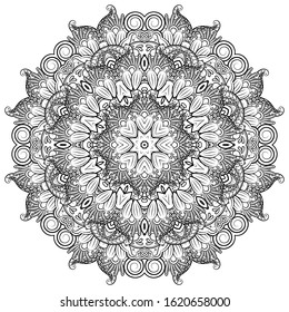 Mandala, tracery wheel mehndi design. Ethnic ornament, doodle symmetry texture. Folk traditional spiritual tribal design. Curved shape, isolated on white. Binary monochrome black and white art. Vector