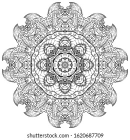 Mandala, tracery wheel mehndi design. Ethnic ornament, doodle symmetry texture. Folk traditional spiritual tribal design. Curved shape, isolated on white. Binary monochrome black and white art. Vector