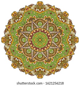 Mandala, tracery wheel mehndi design. Ethnic ornament, colorful doodle symmetry texture. Folk traditional spiritual tribal design. Curved shape, isolated on white. Color art. Vector