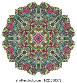Mandala, tracery wheel mehndi design. Ethnic ornament, colorful doodle symmetry texture. Folk traditional spiritual tribal design. Curved shape, isolated on white. Color art. Vector