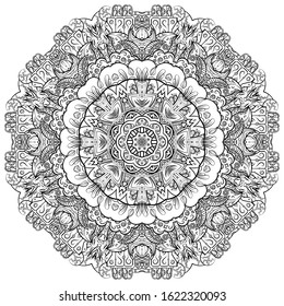 Mandala, tracery wheel mehndi design. Ethnic ornament, doodle symmetry texture. Folk traditional spiritual tribal design. Curved shape, isolated on white. Binary monochrome black and white art. Vector