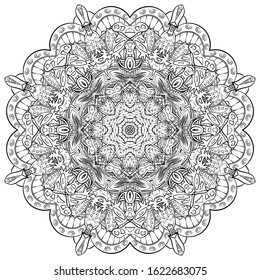 Mandala, tracery wheel mehndi design. Ethnic ornament, doodle symmetry texture. Folk traditional spiritual tribal design. Curved shape, isolated on white. Binary monochrome black and white art. Vector