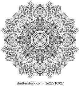 Mandala, tracery wheel mehndi design. Ethnic ornament, doodle symmetry texture. Folk traditional spiritual tribal design. Curved shape, isolated on white. Binary monochrome black and white art. Vector
