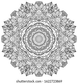 Mandala, tracery wheel mehndi design. Ethnic ornament, doodle symmetry texture. Folk traditional spiritual tribal design. Curved shape, isolated on white. Binary monochrome black and white art. Vector