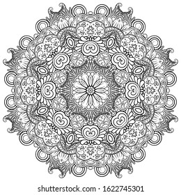 Mandala, tracery wheel mehndi design. Ethnic ornament, doodle symmetry texture. Folk traditional spiritual tribal design. Curved shape, isolated on white. Binary monochrome black and white art. Vector