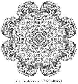 Mandala, tracery wheel mehndi design. Ethnic ornament, doodle symmetry texture. Folk traditional spiritual tribal design. Curved shape, isolated on white. Binary monochrome black and white art. Vector