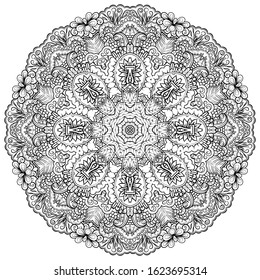 Mandala, tracery wheel mehndi design. Ethnic ornament, doodle symmetry texture. Folk traditional spiritual tribal design. Curved shape, isolated on white. Binary monochrome black and white art. Vector