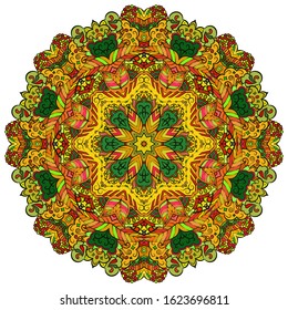 Mandala, tracery wheel mehndi design. Ethnic ornament, colorful doodle symmetry texture. Folk traditional spiritual tribal design. Curved shape, isolated on white. Color art. Vector