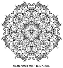 Mandala, tracery wheel mehndi design. Ethnic ornament, doodle symmetry texture. Folk traditional spiritual tribal design. Curved shape, isolated on white. Binary monochrome black and white art. Vector
