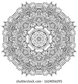 Mandala, tracery wheel mehndi design. Ethnic ornament, doodle symmetry texture. Folk traditional spiritual tribal design. Curved shape, isolated on white. Binary monochrome black and white art. Vector