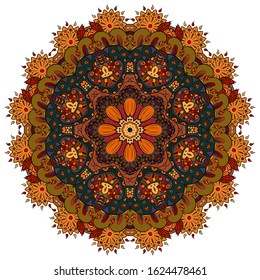 Mandala, tracery wheel mehndi design. Ethnic ornament, colorful doodle symmetry texture. Folk traditional spiritual tribal design. Curved shape, isolated on white. Color art. Vector