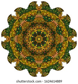Mandala, tracery wheel mehndi design. Ethnic ornament, colorful doodle symmetry texture. Folk traditional spiritual tribal design. Curved shape, isolated on white. Color art. Vector