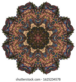 Mandala, tracery wheel mehndi design. Ethnic ornament, colorful doodle symmetry texture. Folk traditional spiritual tribal design. Curved shape, isolated on white. Color art. Vector