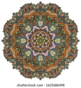 Mandala, tracery wheel mehndi design. Ethnic ornament, colorful doodle symmetry texture. Folk traditional spiritual tribal design. Curved shape, isolated on white. Color art. Vector