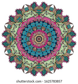 Mandala, tracery wheel mehndi design. Ethnic ornament, colorful doodle symmetry texture. Folk traditional spiritual tribal design. Curved shape, isolated on white. Color art. Vector
