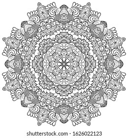 Mandala, tracery wheel mehndi design. Ethnic ornament, doodle symmetry texture. Folk traditional spiritual tribal design. Curved shape, isolated on white. Binary monochrome black and white art. Vector