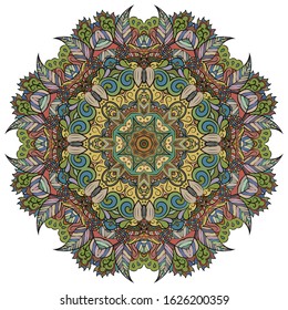 Mandala, tracery wheel mehndi design. Ethnic ornament, colorful doodle symmetry texture. Folk traditional spiritual tribal design. Curved shape, isolated on white. Color art. Vector