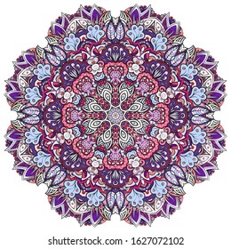Mandala, tracery wheel mehndi design. Ethnic ornament, colorful doodle symmetry texture. Folk traditional spiritual tribal design. Curved shape, isolated on white. Color art. Vector