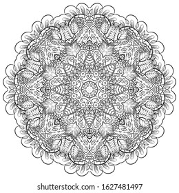 Mandala, tracery wheel mehndi design. Ethnic ornament, doodle symmetry texture. Folk traditional spiritual tribal design. Curved shape, isolated on white. Binary monochrome black and white art. Vector