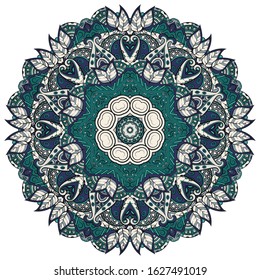 Mandala, tracery wheel mehndi design. Ethnic ornament, colorful doodle symmetry texture. Folk traditional spiritual tribal design. Curved shape, isolated on white. Color art. Vector