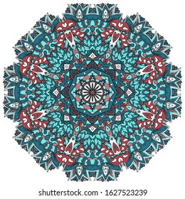 Mandala, tracery wheel mehndi design. Ethnic ornament, colorful doodle symmetry texture. Folk traditional spiritual tribal design. Curved shape, isolated on white. Color art. Vector