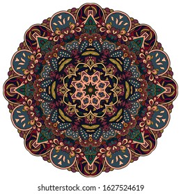 Mandala, tracery wheel mehndi design. Ethnic ornament, colorful doodle symmetry texture. Folk traditional spiritual tribal design. Curved shape, isolated on white. Color art. Vector