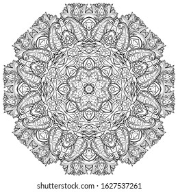 Mandala, tracery wheel mehndi design. Ethnic ornament, doodle symmetry texture. Folk traditional spiritual tribal design. Curved shape, isolated on white. Binary monochrome black and white art. Vector