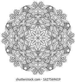 Mandala, tracery wheel mehndi design. Ethnic ornament, doodle symmetry texture. Folk traditional spiritual tribal design. Curved shape, isolated on white. Binary monochrome black and white art. Vector