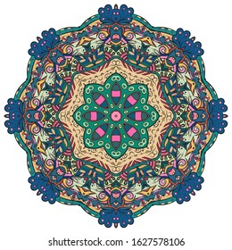 Mandala, tracery wheel mehndi design. Ethnic ornament, colorful doodle symmetry texture. Folk traditional spiritual tribal design. Curved shape, isolated on white. Color art. Vector