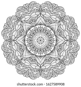 Mandala, tracery wheel mehndi design. Ethnic ornament, doodle symmetry texture. Folk traditional spiritual tribal design. Curved shape, isolated on white. Binary monochrome black and white art. Vector