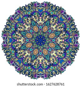 Mandala, tracery wheel mehndi design. Ethnic ornament, colorful doodle symmetry texture. Folk traditional spiritual tribal design. Curved shape, isolated on white. Color art. Vector