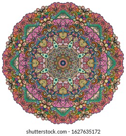 Mandala, tracery wheel mehndi design. Ethnic ornament, colorful doodle symmetry texture. Folk traditional spiritual tribal design. Curved shape, isolated on white. Color art. Vector
