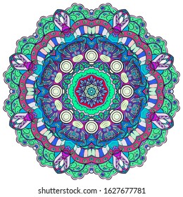 Mandala, tracery wheel mehndi design. Ethnic ornament, colorful doodle symmetry texture. Folk traditional spiritual tribal design. Curved shape, isolated on white. Color art. Vector