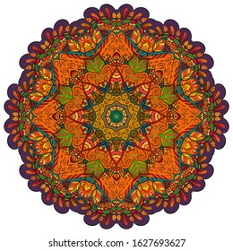 Mandala, tracery wheel mehndi design. Ethnic ornament, colorful doodle symmetry texture. Folk traditional spiritual tribal design. Curved shape, isolated on white. Color art. Vector