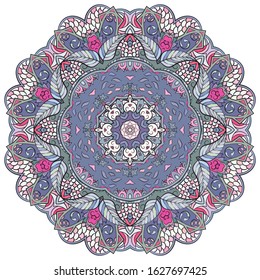 Mandala, tracery wheel mehndi design. Ethnic ornament, colorful doodle symmetry texture. Folk traditional spiritual tribal design. Curved shape, isolated on white. Color art. Vector