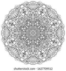 Mandala, tracery wheel mehndi design. Ethnic ornament, doodle symmetry texture. Folk traditional spiritual tribal design. Curved shape, isolated on white. Binary monochrome black and white art. Vector