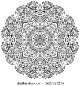 Mandala, tracery wheel mehndi design. Ethnic ornament, doodle symmetry texture. Folk traditional spiritual tribal design. Curved shape, isolated on white. Binary monochrome black and white art. Vector
