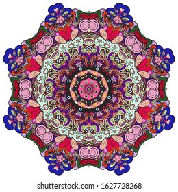 Mandala, tracery wheel mehndi design. Ethnic ornament, colorful doodle symmetry texture. Folk traditional spiritual tribal design. Curved shape, isolated on white. Color art. Vector