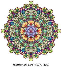 Mandala, tracery wheel mehndi design. Ethnic ornament, colorful doodle symmetry texture. Folk traditional spiritual tribal design. Curved shape, isolated on white. Color art. Vector
