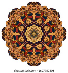 Mandala, tracery wheel mehndi design. Ethnic ornament, colorful doodle symmetry texture. Folk traditional spiritual tribal design. Curved shape, isolated on white. Color art. Vector