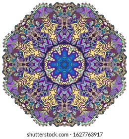 Mandala, tracery wheel mehndi design. Ethnic ornament, colorful doodle symmetry texture. Folk traditional spiritual tribal design. Curved shape, isolated on white. Color art. Vector