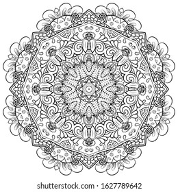 Mandala, tracery wheel mehndi design. Ethnic ornament, doodle symmetry texture. Folk traditional spiritual tribal design. Curved shape, isolated on white. Binary monochrome black and white art. Vector