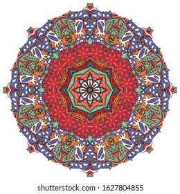 Mandala, tracery wheel mehndi design. Ethnic ornament, colorful doodle symmetry texture. Folk traditional spiritual tribal design. Curved shape, isolated on white. Color art. Vector