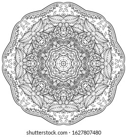 Mandala, tracery wheel mehndi design. Ethnic ornament, doodle symmetry texture. Folk traditional spiritual tribal design. Curved shape, isolated on white. Binary monochrome black and white art. Vector