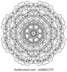 Mandala, tracery wheel mehndi design. Ethnic ornament, doodle symmetry texture. Folk traditional spiritual tribal design. Curved shape, isolated on white. Binary monochrome black and white art. Vector