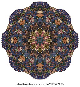 Mandala, tracery wheel mehndi design. Ethnic ornament, colorful doodle symmetry texture. Folk traditional spiritual tribal design. Curved shape, isolated on white. Color art. Vector